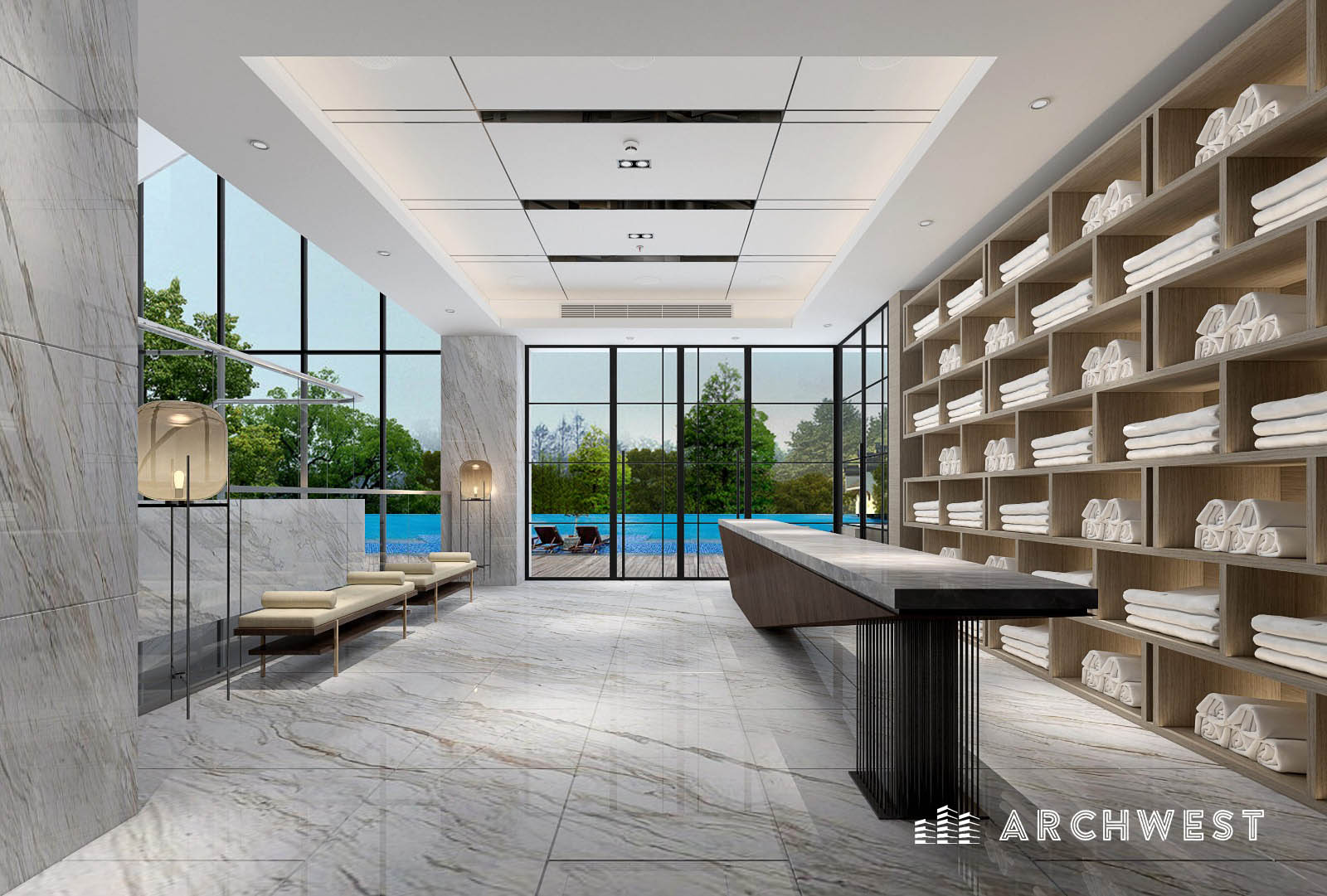 35. 3D Render of a Pool Entrance in a Luxury Hotel